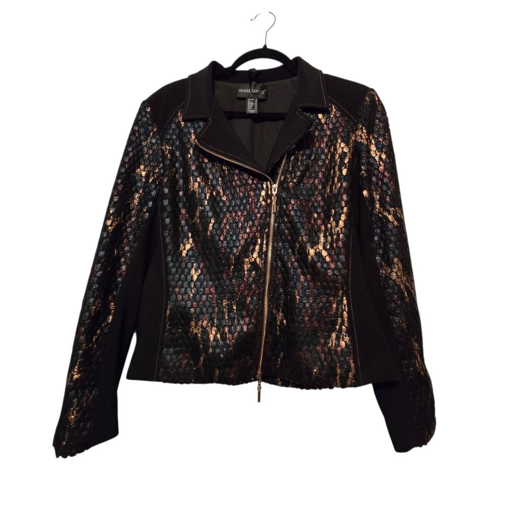 Frank Lyman Design Black Bomber Jacket with Metallic Gold Accents